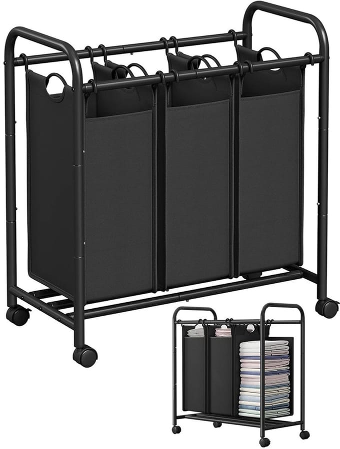 VELTRR® Wasmand 3 Vakken - Wassorteerder - Wasmand met Deksel - Zwart