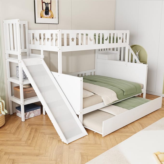Sweiko Stapelbed - 90×200/140×200 cm - Met glijbaan - Uitschuifbaar bed - Opbergplank - Wit