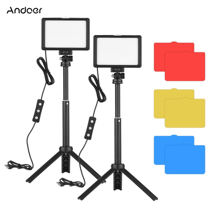 Kit d'éclairage de vidéoconférence USB Andoer avec 2 * lampes vidéo LED 5600K à intensité variable + 2 * bureau black