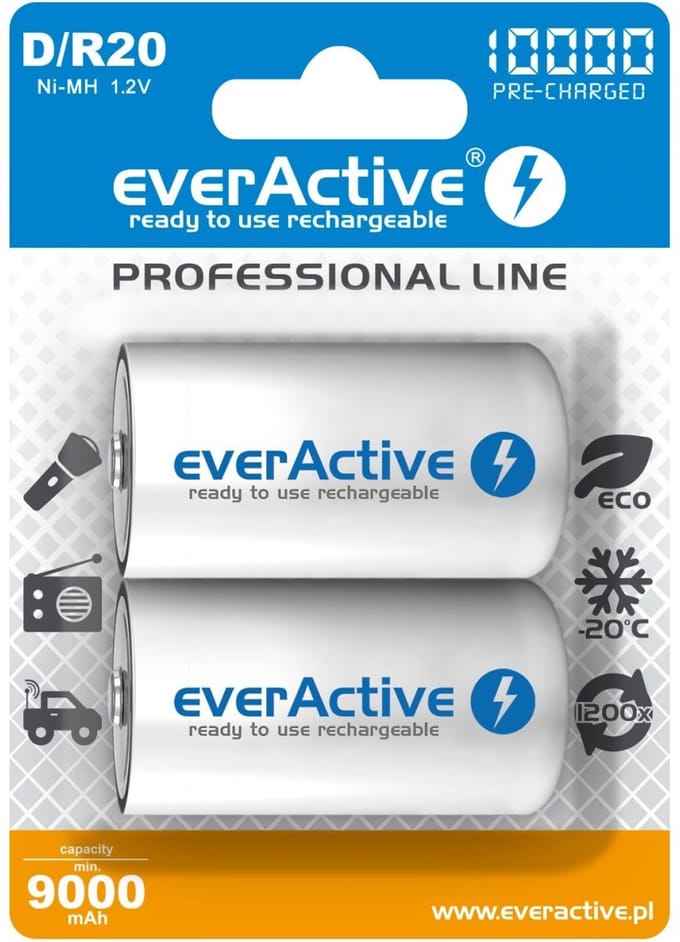 2x R20 D 10000mAh Rechargeables everActive Professional