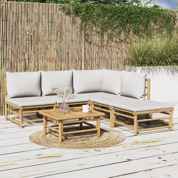 vidaXL - 6-delige - Loungeset - met - kussens - bamboe - lichtgrijs