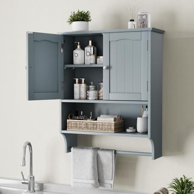 Badkamer wandkast - MUVOE - 56,8x19x70 cm - MDF - Handdoekstang - Verstelbare planken wit