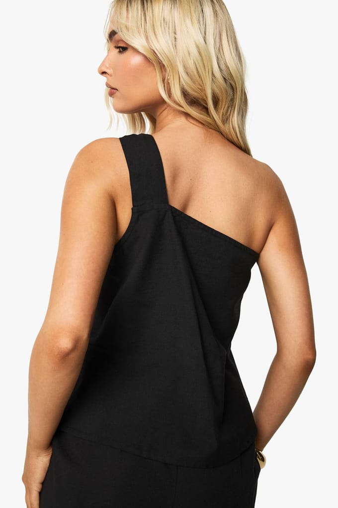 boohoo Dames Linnen knoopdetail one-shoulder crop | Zwart | Maat: 34