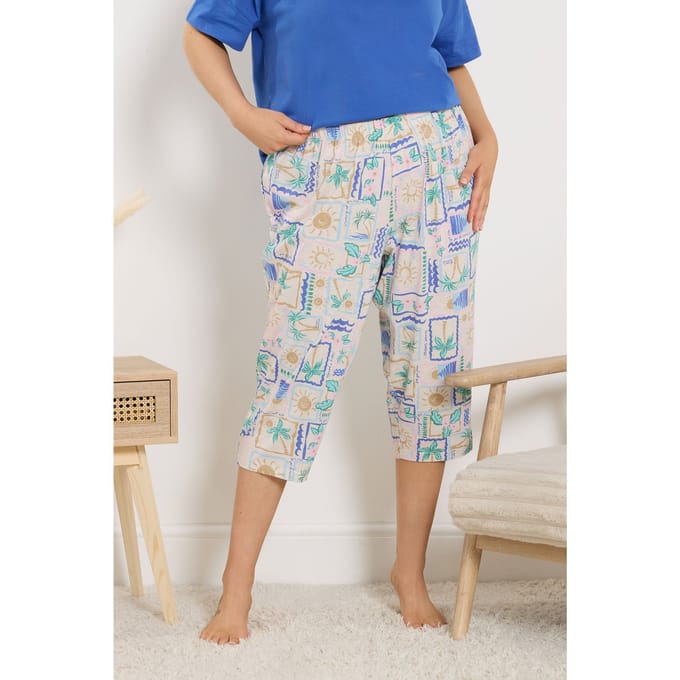 Yours Natuurlijk Bruine Cropped Pyjamabroek Met Postkaartprint Size 42-44