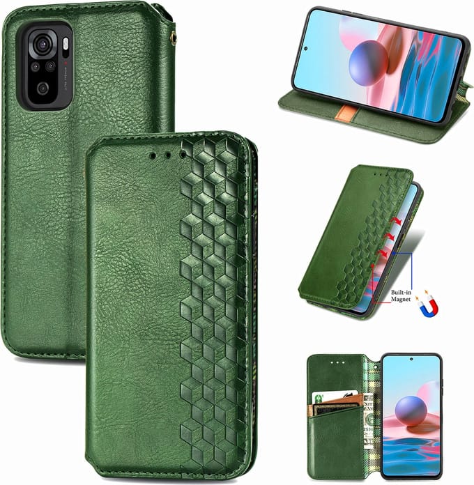 Luxe PU Lederen Ruitpatroon Wallet Case + PMMA Screenprotector voor Xiaomi Redmi Note 10S / Redmi Note 10 4G _ Groen