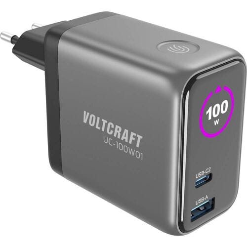 VOLTCRAFT UC-100W01 USB-oplader 1x USB-A, 2x USB-C USB PD Zwart GaN, USB Power Delivery (USB-PD), Snellader