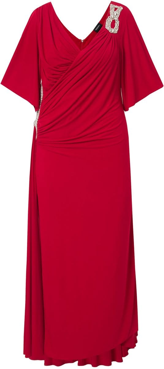 Ulla Popken - Dames - Maxi-jurk drapering siergespen klokmouwen - Lichtrood - Maat 56