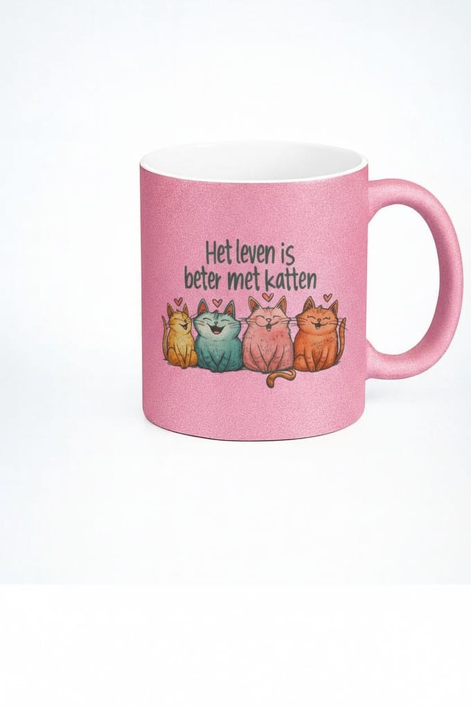Roze Koffiemok - Het leven is beter met katten - Uniek Design