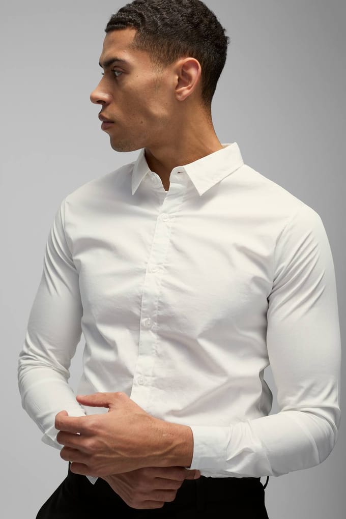 Stretch Fit Shirt met Lange Mouwen | White | Size Large