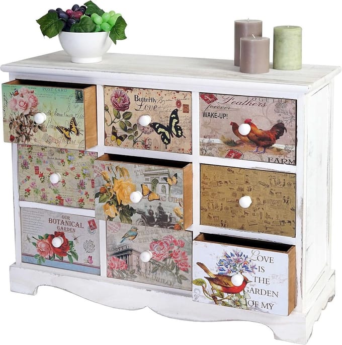 Ladekast Shabby Look met 9 Lades - Vintage Commode Hout - Antiek Wit