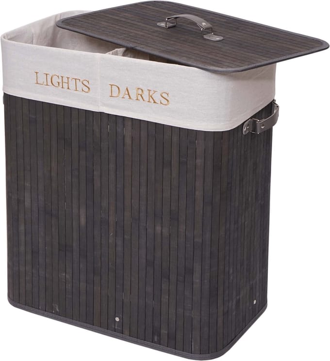 Wasmand MCW-C21, Wasbox Wasbox, bamboe 2 compartimenten 63x55x34cm 100l ~ donkergrijs