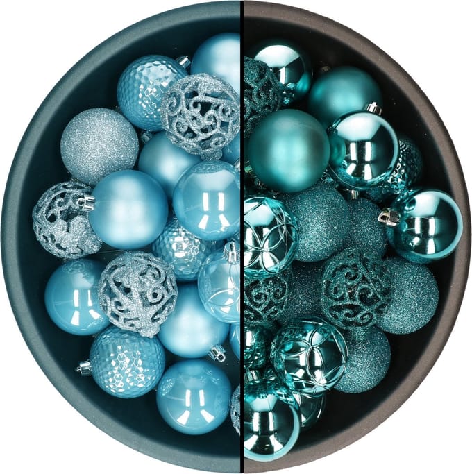 Decoris kerstballen - 74x st - turquoise blauw en ijsblauw - 6 cm - kunststof