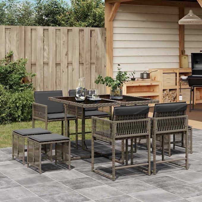 vidaXL - 9-delige - Tuinset - met - kussens - poly - rattan - grijs