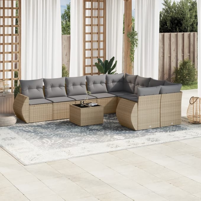 vidaXL - 10-delige - Loungeset - met - kussens - poly - rattan - beige