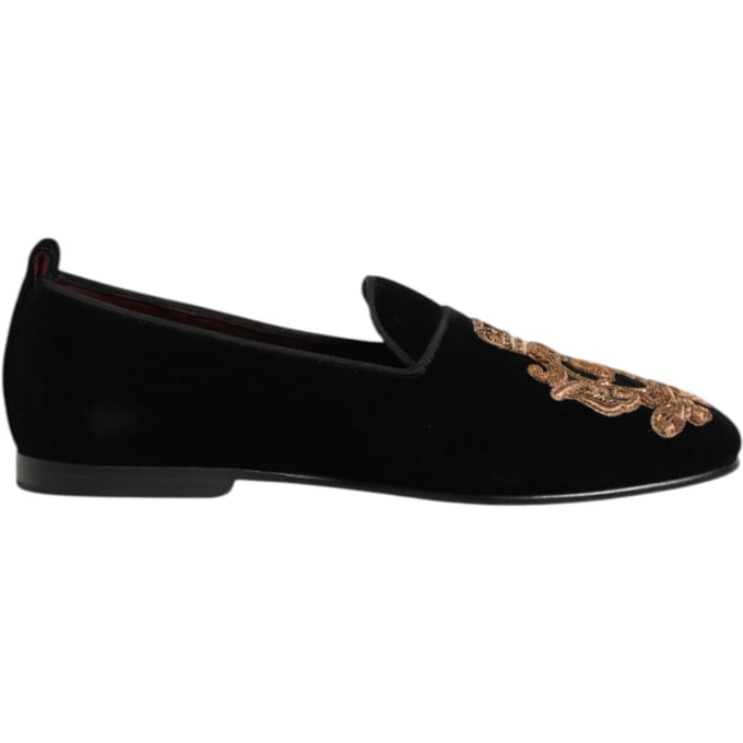 Dolce & Gabbana Zwarte Fluwelen Gouden Kroon Heren Instappers