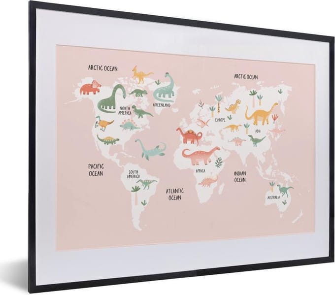 Wereldkaart - Kinderen - Dinosaurus - Schoolplaat - Kinderkamer - 40x30 cm