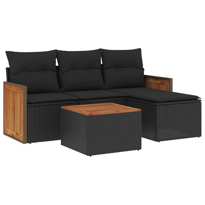 vidaXL - 5-delige - Loungeset - met - kussens - poly - rattan - zwart