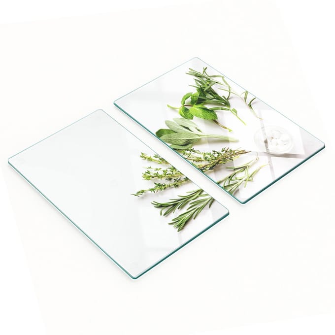 Set van snijplanken van gehard glas met kruidenafbeeldingen, 2x30x52 cm