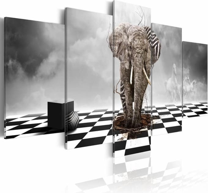 Schilderij - Vlucht uit Afrika, Olifant , zwart wit , 5 luik