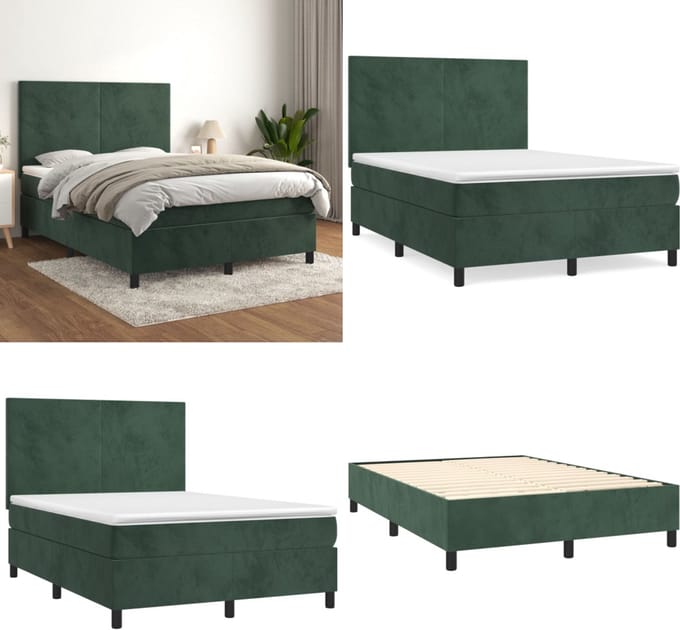 vidaXL - Boxspring - met - matras - fluweel - donkergroen - 140x200 - cm