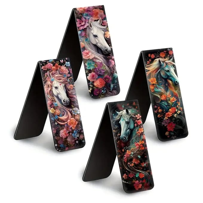 Viwado® | Set van 4 Magnetische Bladwijzers / Boekenlegger - Romantisch Paard & Bloem - Waterdicht & Duurzaam