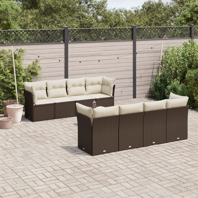 vidaXL - 9-delige - Loungeset - met - kussens - poly - rattan - bruin