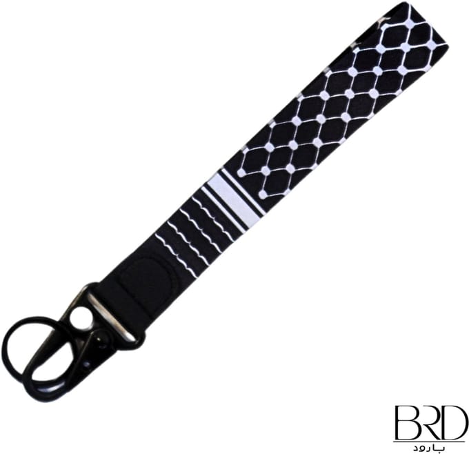 BRD® For Palestine | Zwarte Sleutelhanger | Witte Palestijnse Keffiyeh patroon van satijnen stof
