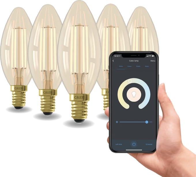 Calex Slimme Lamp - Set van 5 stuks - Wifi LED Filament Verlichting - E14 - Smart Kaars Lichtbron Goud - Dimbaar - Warm Wit licht - 4,9W