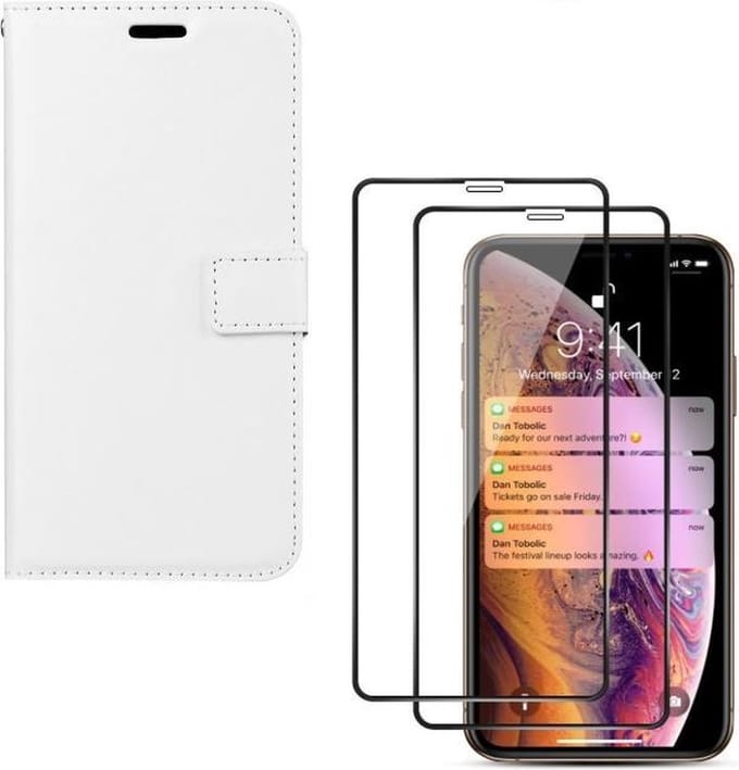 Bookcase Geschikt voor: iPhone XR - wit - Portemonnee hoesje + 2X Full cover Tempered Glass Screenprotector