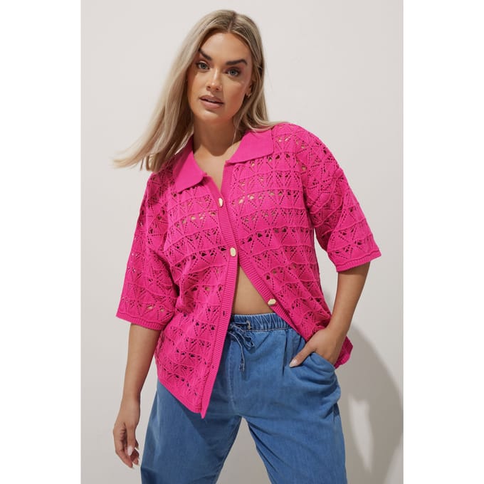 Limited Collection Gehaakte Top Met Knopen En Korte Mouwen In Roze Size 46-48