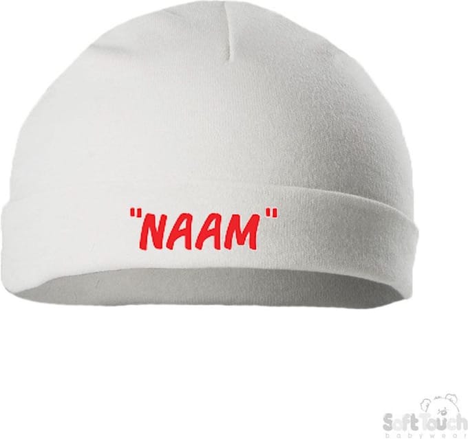 Soft Touch Mutsje Rolmutsje Bedrukt "Met Eigen Naam"Lettertype BONOCO Wit/rood Maat 0-3 maanden Maat 56/62