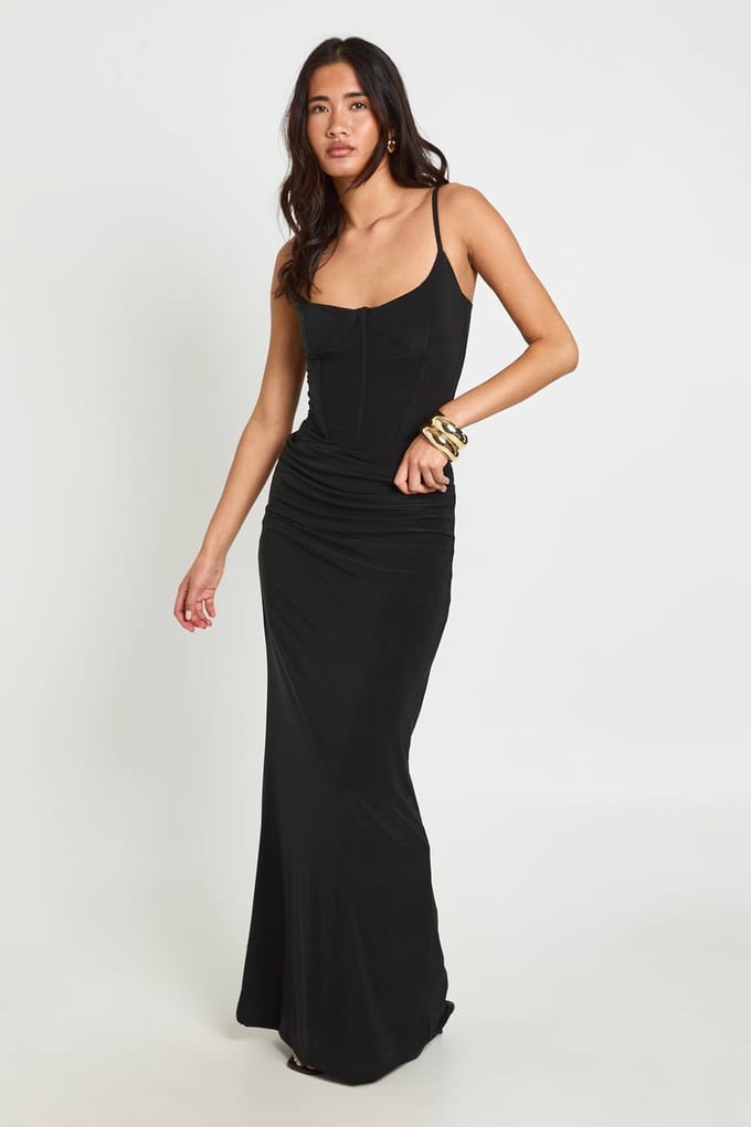 boohoo Dames Dubbele Laag Slinky Gedrapeerde Maxi Rok | Zwart | Maat: 40