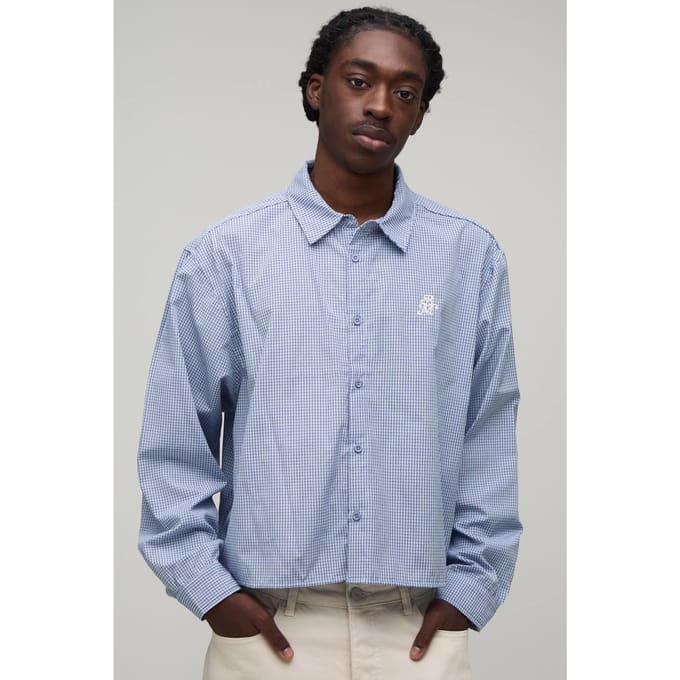 Oversized Crop Micro Ruit Overhemd Met Lange Mouwen | Light Blue | Size XS