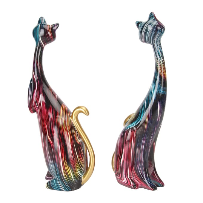 2 Stuks Olieverf Kat Beelden Abstract Paar Hars Kat Beeldjes Kat Sculptuur voor Slaapkamer Kantoor black
