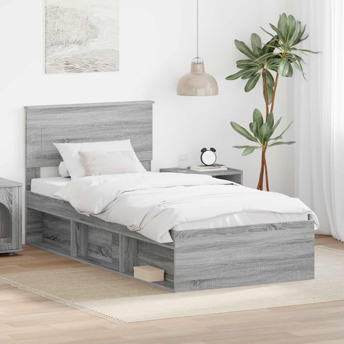 vidaXL - Bedframe - met - hoofdeinde - Grijs - Sonoma - 75 - x - 190 - cm - Bewerkt - hout
