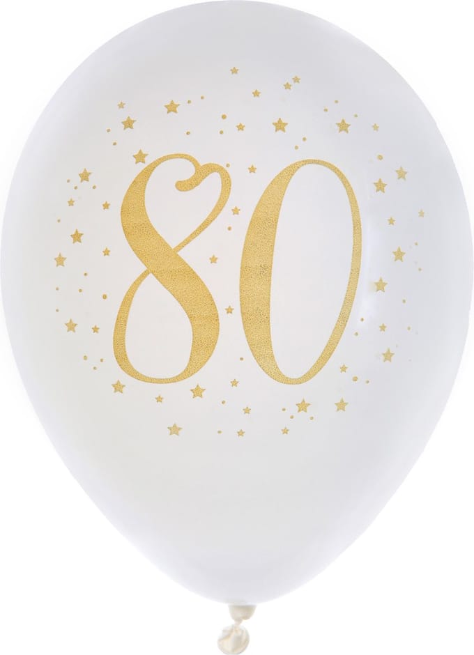 Santex verjaardag leeftijd ballonnen 80 jaar - 8x stuks - wit/goud - 23 cm - Feestartikelen