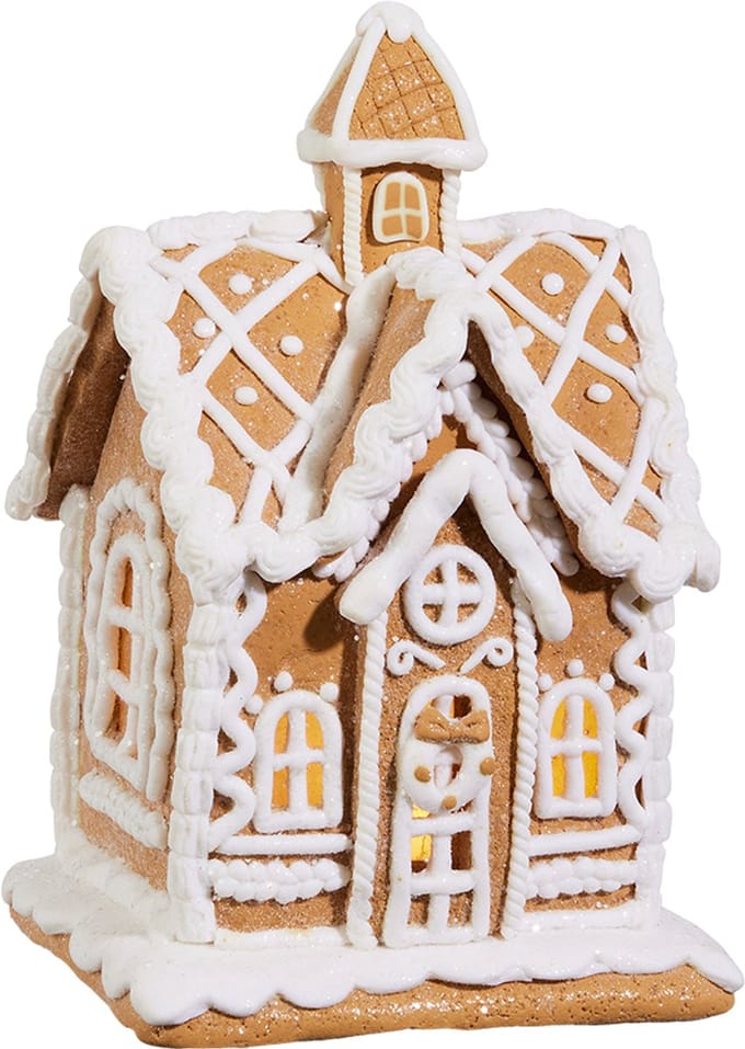Viv! Christmas Kerstbeeld - Gingerbread Huisje van Klei met Icing Details incl. LED Verlichting - bruin wit - 20cm
