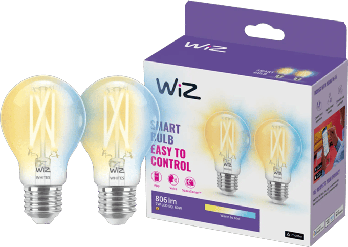 WiZ Filament Lamp 2-pack - Warm- tot Koelwit Licht - Slimme LED Verlichting - E27 fitting - 60W - Transparant - Wi-Fi