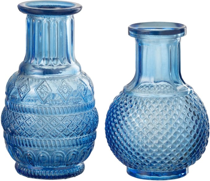 J-Line vaas Kano - glas - blauw - 2 stuks - 14 cm hoog