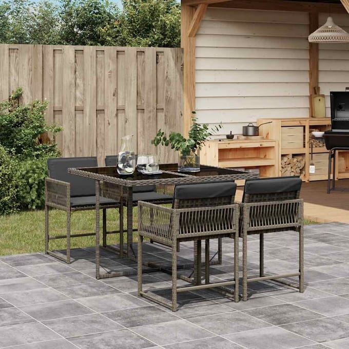 vidaXL - 5-delige - Tuinset - met - kussens - poly - rattan - grijs