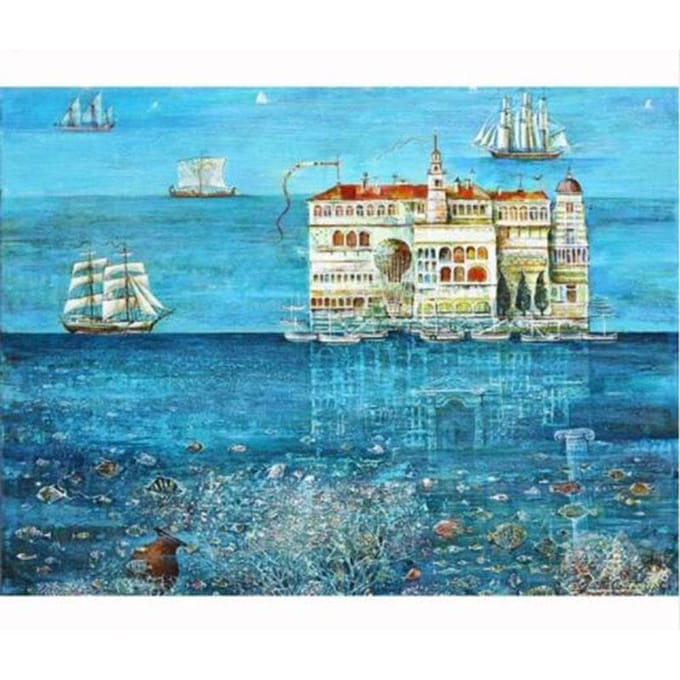 Diamant schilderij kruissteek volledige ronde boor reflectie in de zee diamant borduurwerk 20X30CM blue