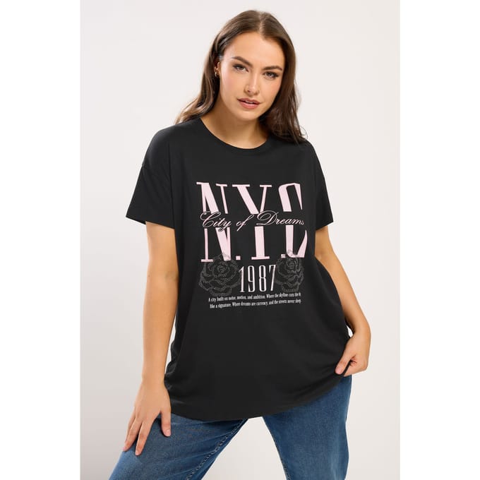 Yours Zwart 'Nyc' Tshirt Met Roos Size 50-52