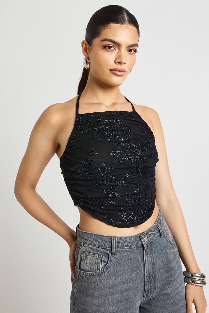 boohoo Dames Glitter Mesh Geplooid Halterneck Top | Black | Maat: 14