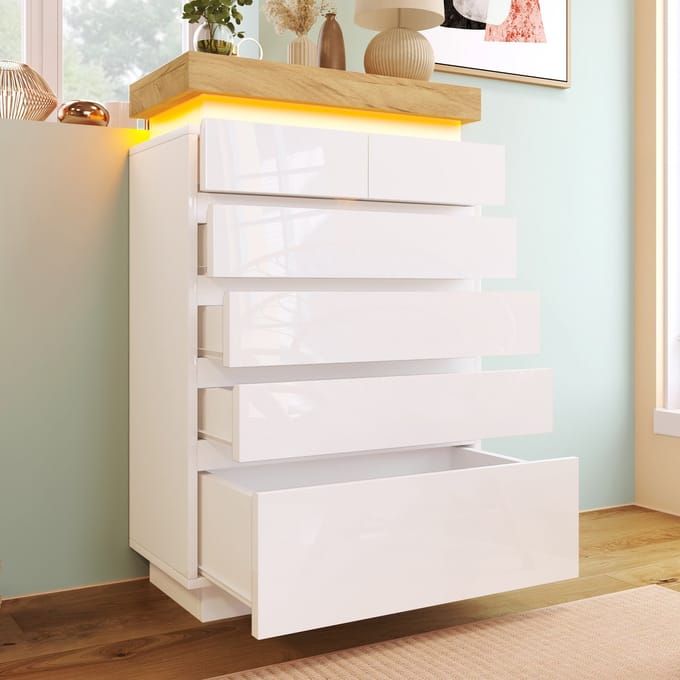 Sweiko Ladekast - Hoogglans dressoir - 6 laden - LED verlichting - 115 x 73 x 39 cm - Wit