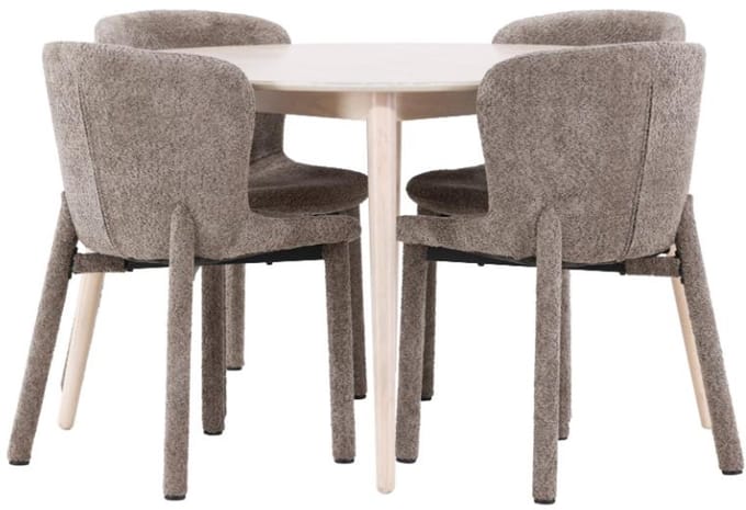 Flora eethoek tafel Ø120cm en 4 stoelen whitewash, bruin.