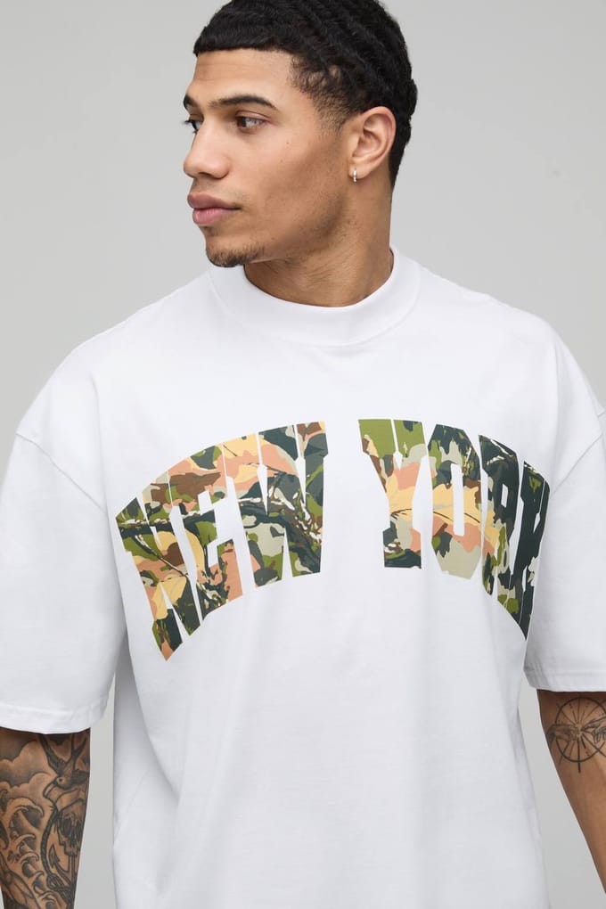 Wit Oversized Boxy New York Camo Print T-shirt | White | Size Large