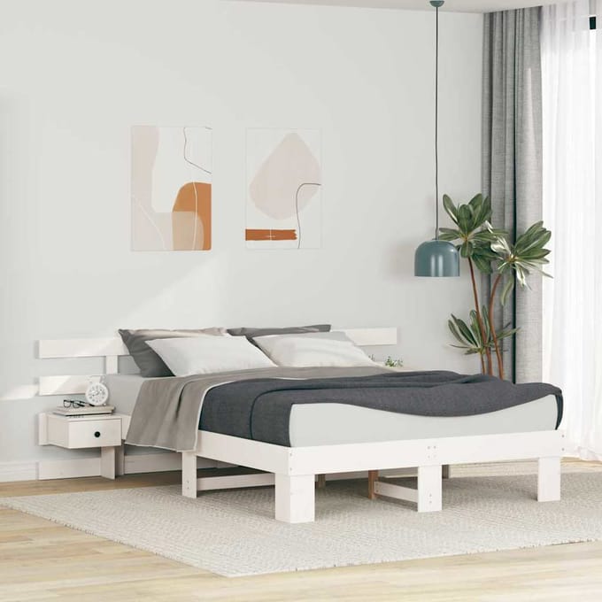 vidaXL - Bedframe - met - hoofdeinde - Wit - 160 - x - 200 - cm - Massief - grenenhout