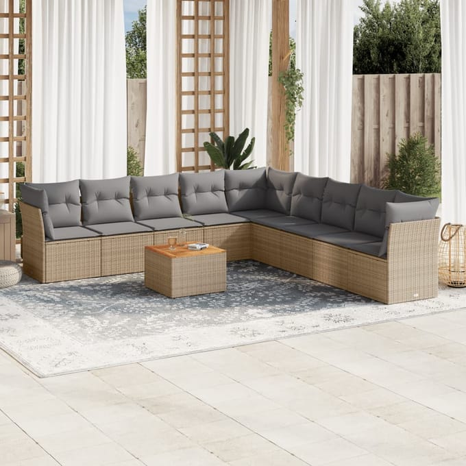 vidaXL - 10-delige - Loungeset - met - kussens - poly - rattan - gemengd - beige