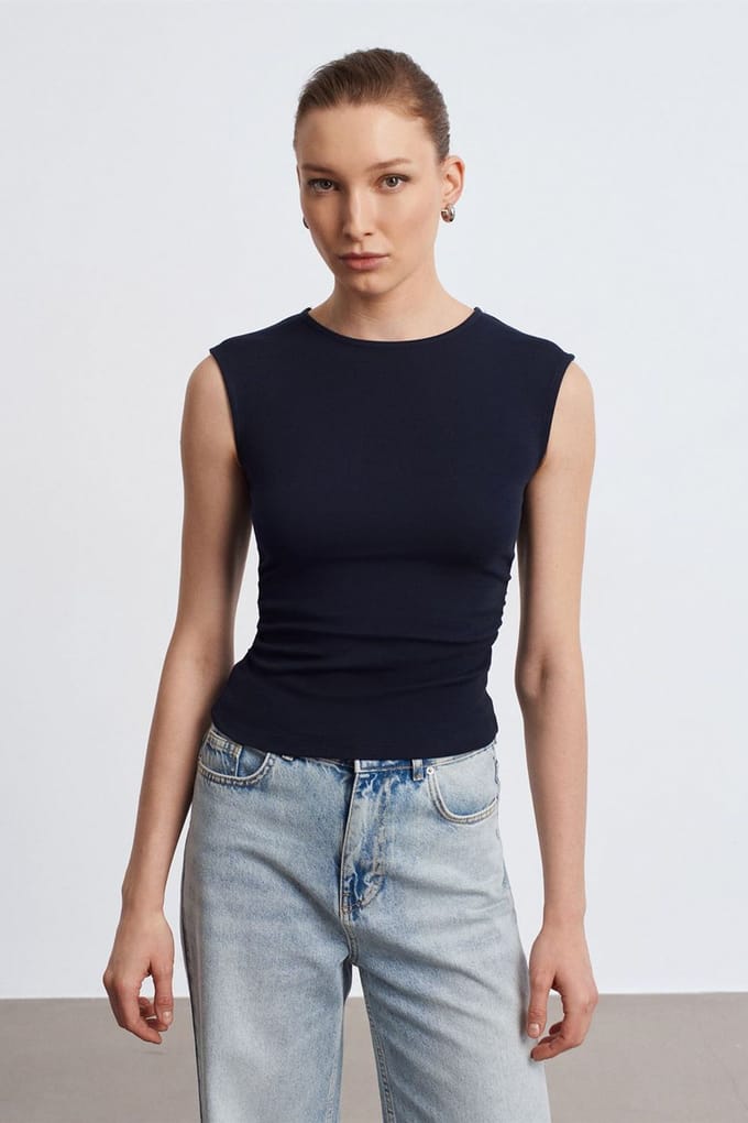 Dames Geribbelde Mouwloze T-shirt met Ronde Hals