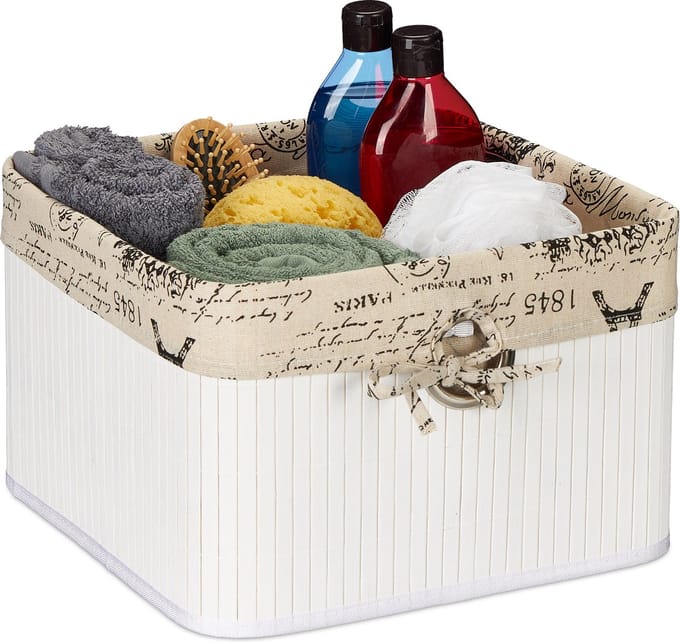 kastmand bamboe - 20 x 31 x 31 cm - handgrepen - badkamer - wit-crème